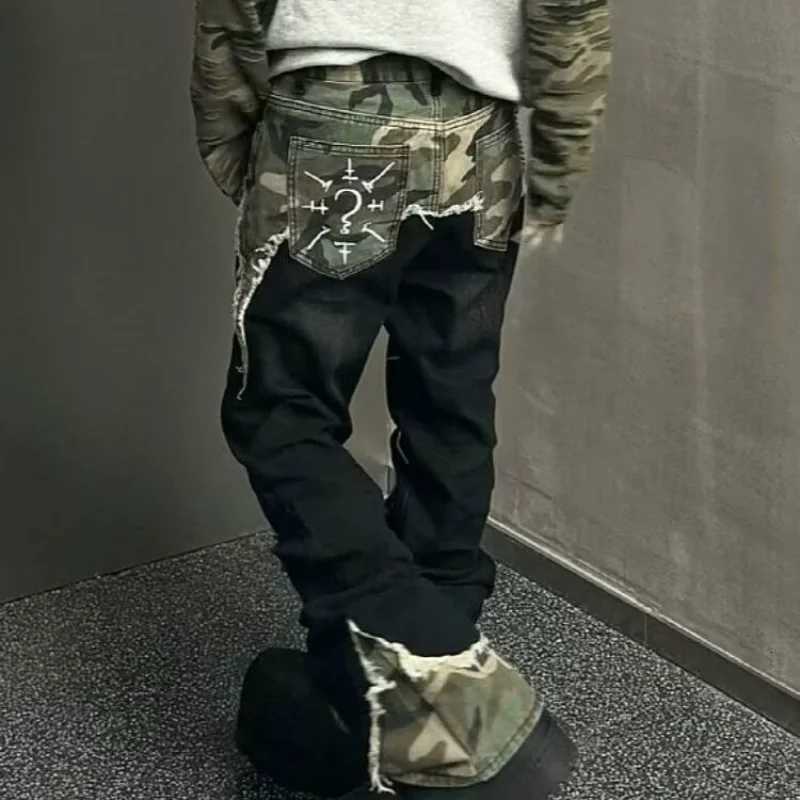 1 Street Vintage Washed Camouflage Stitching Jeans Men And Women Y2K High Street Hip Hop Straight Baggy Slim Pants Tide1 Y251105