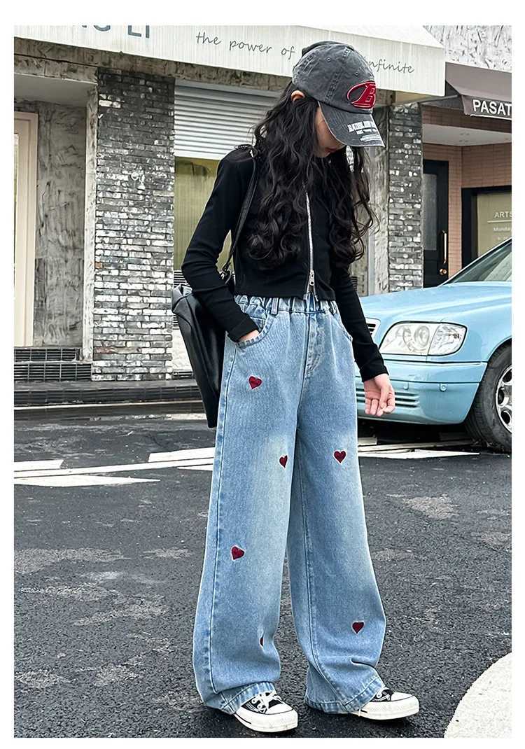 autumn 4 6 8 10 12 14 teenager girls Love embroidery jeans junior kids Western Straight Leg Pants Casual Wide Leg trousersT251017
