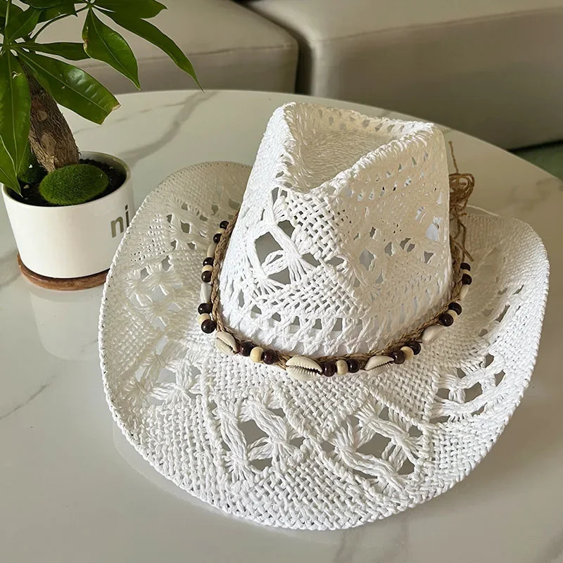 Summer Bohemian Shell Straw Hat Beach Women Men Cowboy Hats Wooden Beads Hollow Out Western Wide Brim Sun Hat Holiday Cap 251015