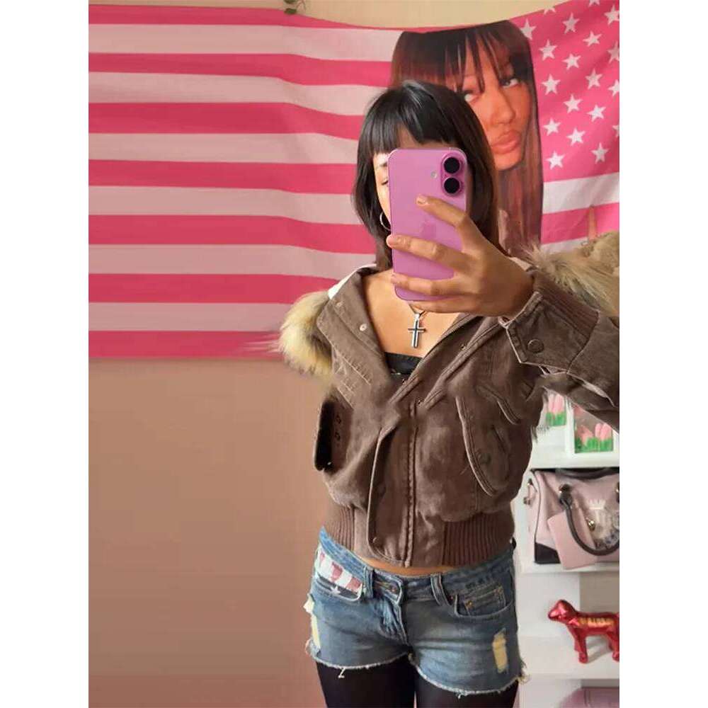 Fur Collar Women's Hooded Elastic Hem Long Sleeve Pocket Single Breasted Female Jacket Autumn Casual Coat For Ladies down coat