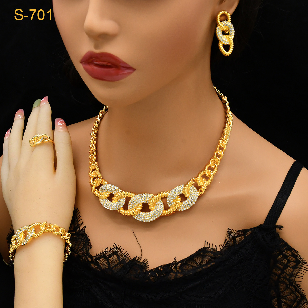 Italy 18K Gold Plated Jewelry Set For Women Two Tone Open Bangle Earrings Necklace Ring 4Pcs Set Jewelry Wedding Party250408