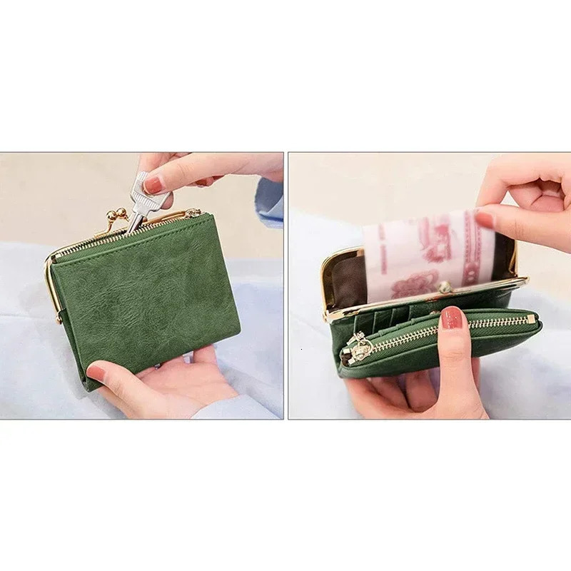 Womens Wallet Short Bifold Retro Multifunction Coin Purse with Zip and Kiss Lock Green PU Leather Female Short Purses 251009