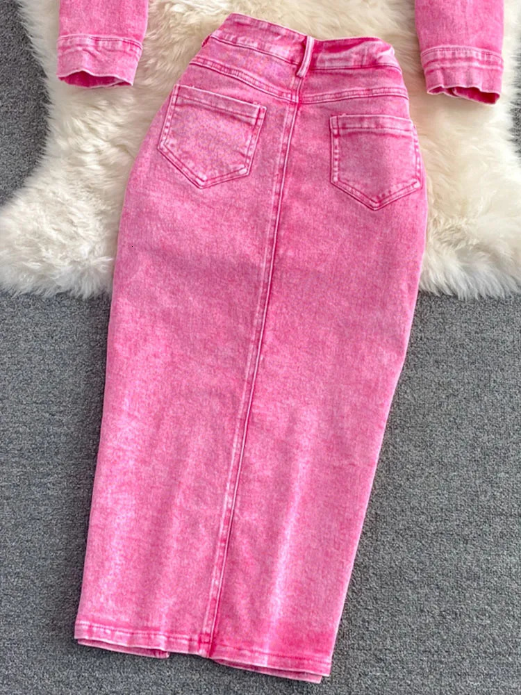 Autumn Women Pink Denim Sets Lapel Long Sleeve Short Denim Jacket High Waist Denim Skirt Korean Female Two Piece Set Streetwear 251017