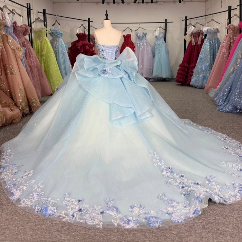 Sky Blue Shiny Quinceanera Dresses Off The Shoulder Applique Flower Beading Crystal Tull Party Birthday Sweet 16 Dres Vestidos 15 De Anos
