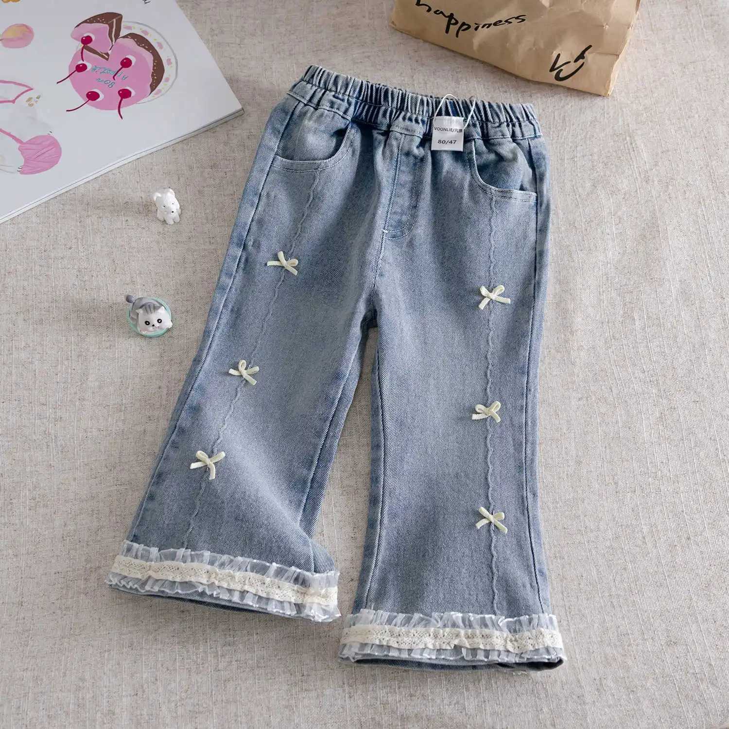 2025 Baby Girls Cute Bow Lace Jeans Denim Casual Pants Spring Autumn Fashion Kids Children Princess Cowboy Clothes TrousersT251017