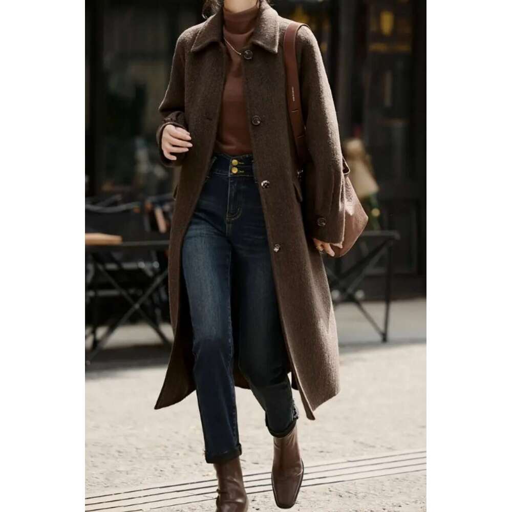 Women's Autumn Winter New Arrival Ladies Woolen Coat Streetwear Fashion Casual Lace-Up Long Slim Fit Outerwear B5