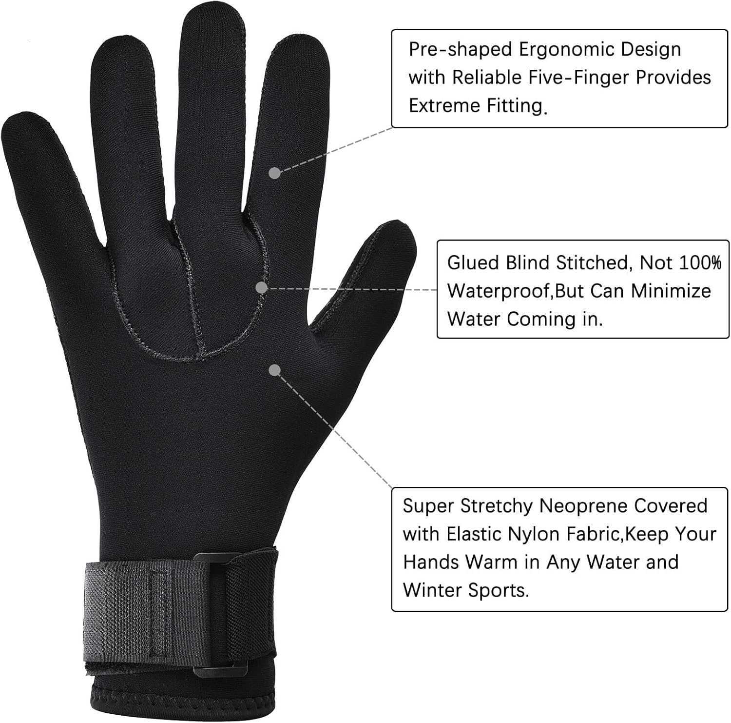 Diving Neoprene Wetsuit Gloves Men Women 5mm Warm with Five Finger in Cold Water Sports Elastic Wrist Band Anti Slip for Paddling Swimming Fishing Sai