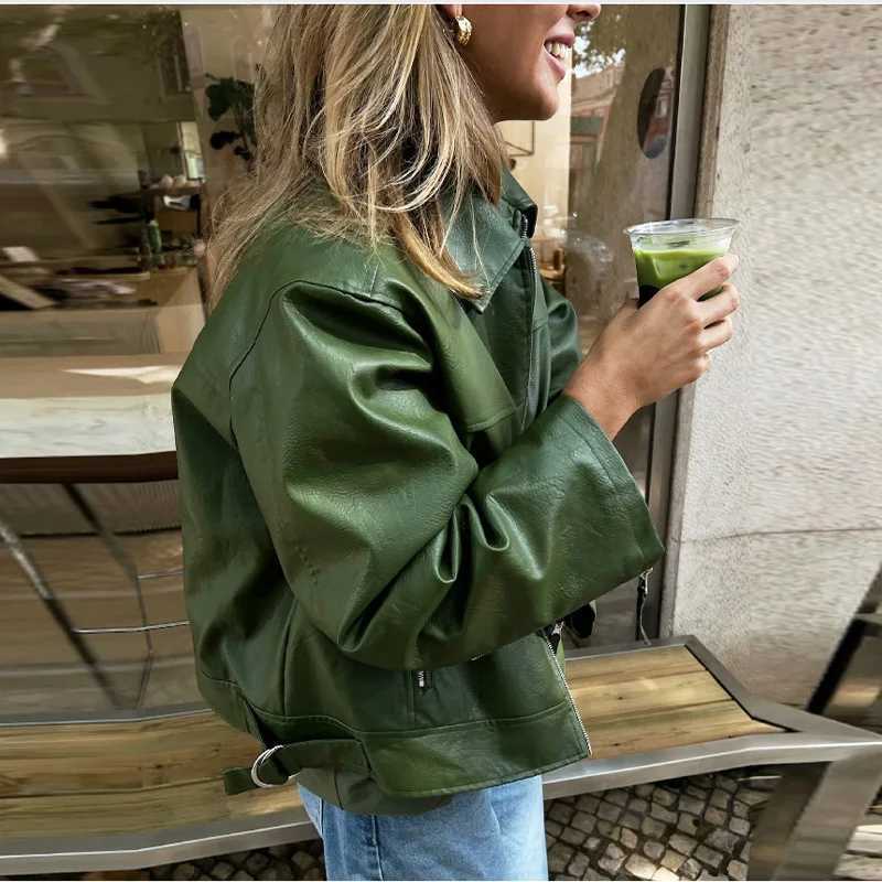 Vintage Green Long Sleeve Lapel PU Leather Jacket Women Short Coat Zipper Button 2025 Spring Autumn High Street Outerwear TopsT251017