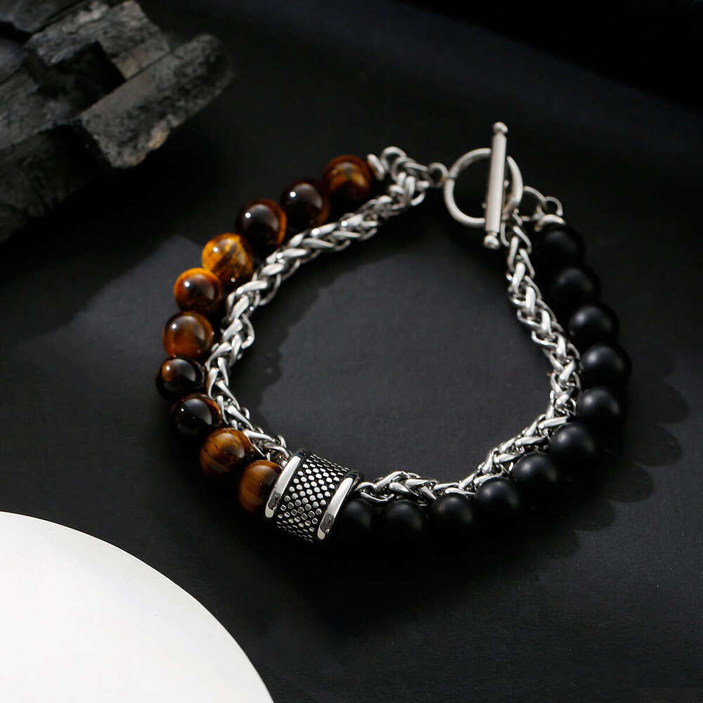 New Matte Map Stone for Men Double Layer Beaded OT Buckle Lucky Bead Titanium Steel Versatile Bracelet Jewelry Trend