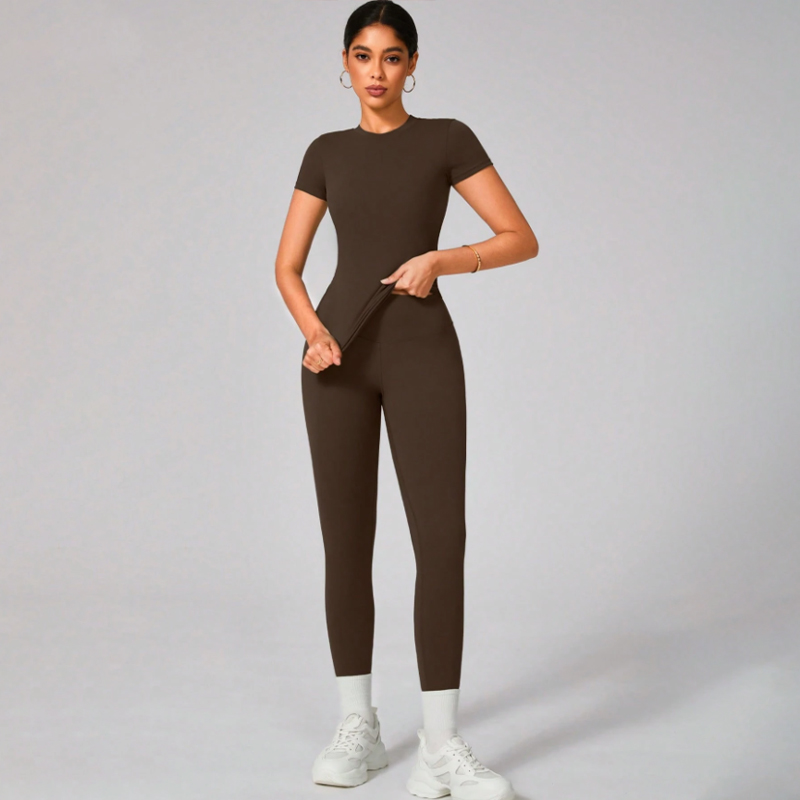 High waisted buttock lifting quick drying long sleeved yoga trousers Two piece yoga outfit Yoga Set Coffee brown