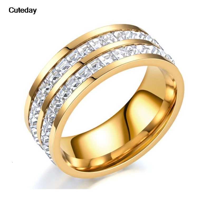 Luxury Rose Gold Double Rowed Square Zircon Stainless Steel Ring Womens Romantic Engagement Wedding Party Jewelry Women GiftW251017
