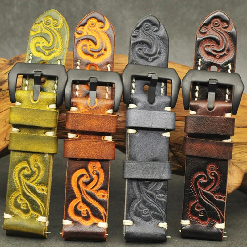 Vintage Carving Men Watch Strap Handmade Stitched Embossed Leather Watchband Black Buckle for Panerai 18mm 20mm 22mm 24mm 251016
