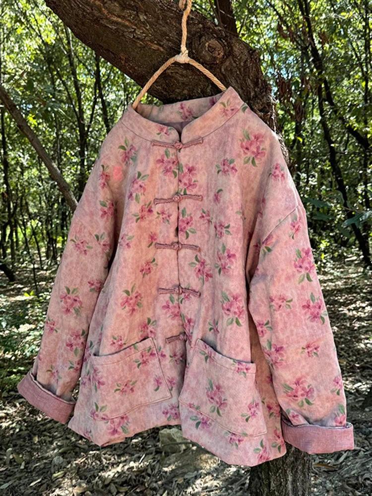 Women's Jackets Thick Warm Cotton Linen Casual Coats Women 2025 Autumn Chinese Style Vintage Floral Print Loose Female Padded M176