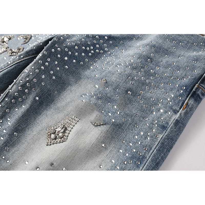 Washed Distressed Light Indigo Rhinestones Cross Patterns Stretch Skinny Button Fly Raw Hem Jeans Y251105