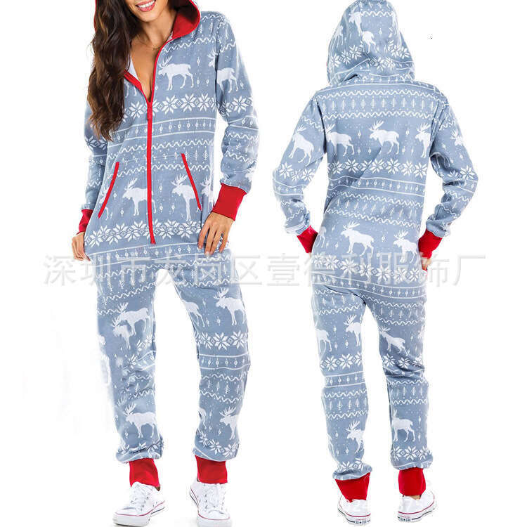 Christmas Pajamas For Women Autumn And Winter New Style Couple Hooded Home Clothes One-Piece Pants B5