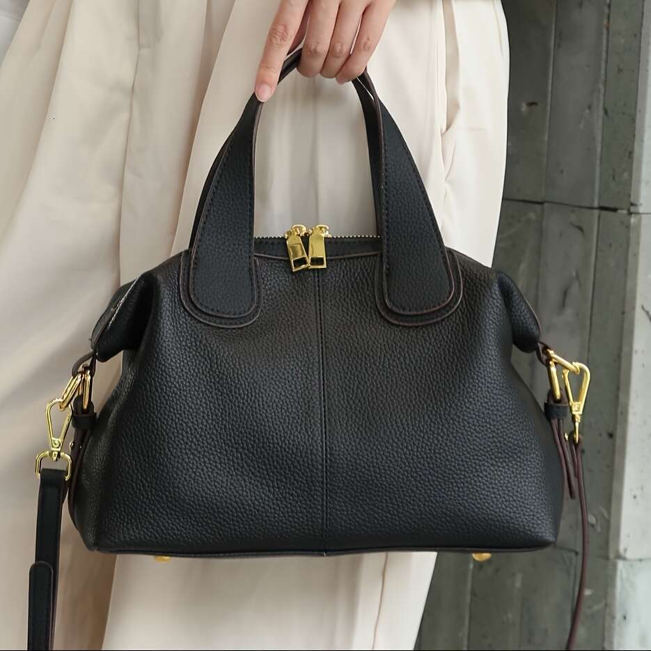 Wo's Genuine Leather - French Cow Full Grain/Black With Gold Hardware, Korean Style Elegant Shoulder Bag, Wrist Strap Zipper Closure, Suitable Fo