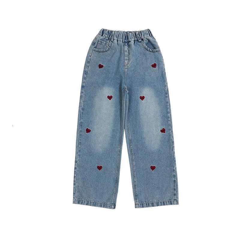 autumn 4 6 8 10 12 14 teenager girls Love embroidery jeans junior kids Western Straight Leg Pants Casual Wide Leg trousersT251017