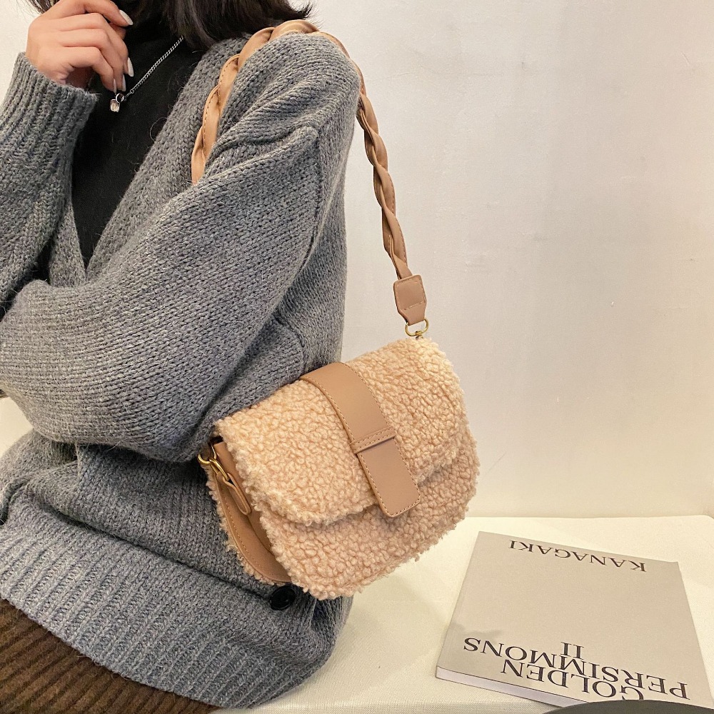 Womens Fashionable Winter Sheepskin Shoulder/Crossbody Pouch with Soft Plush Interior