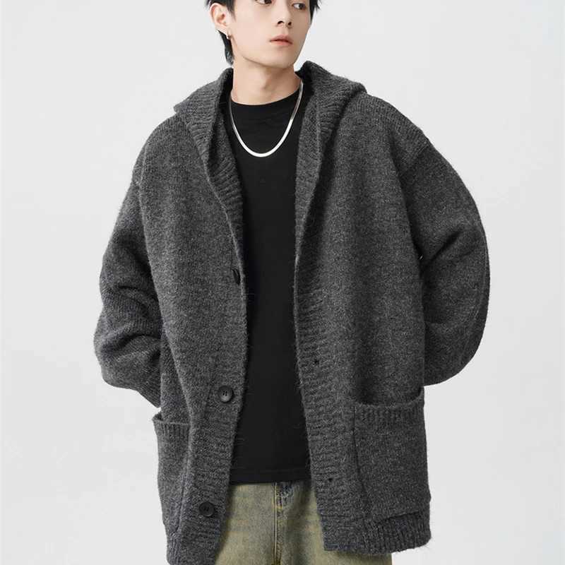 Winter Gray Woollen Knitted Cardigan Hooded Sweater Mens Pockets College Fashion Knitwear Jacket Y2K Vintage Jumpers Hombre J251017