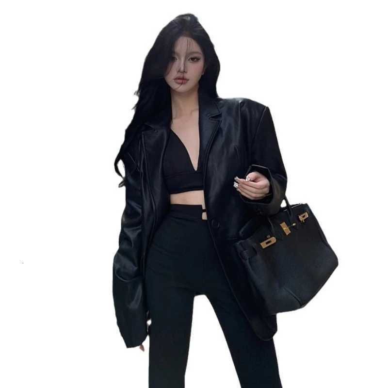 Faux Pu Leather Jacket Women Coats Blazer Turn Down Collar Jackets Coat Open Stitch Maxi Casual Elegant Y2k Punk StreetwearT251017