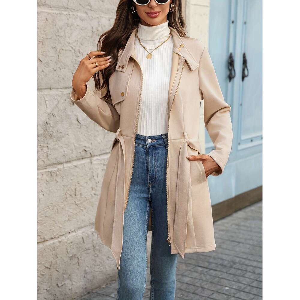 Women's Elegant Beige - Middle Eastern-Inspired Round Neck Trench Coat With Front Zipper Bow Detail, Hine Washable Spring/Fall Outerwear For Casu