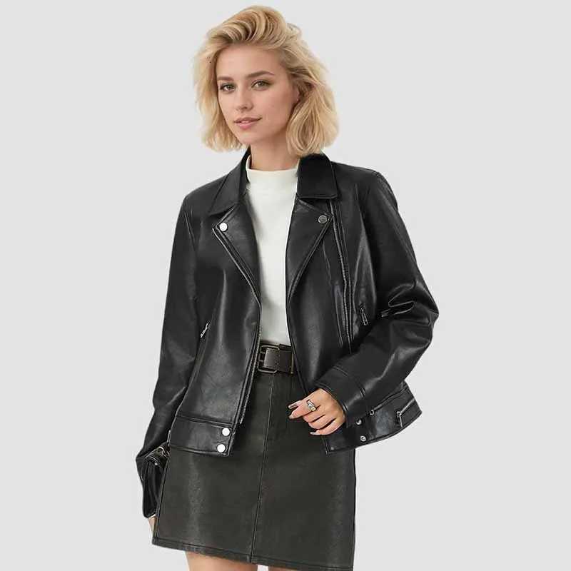 2025 Autumn New Womens Black Leather Jacket Vintage Zipper Turndown Collar Motorcycle Short Jackets Chic Pu Faux Leather CoatT251017