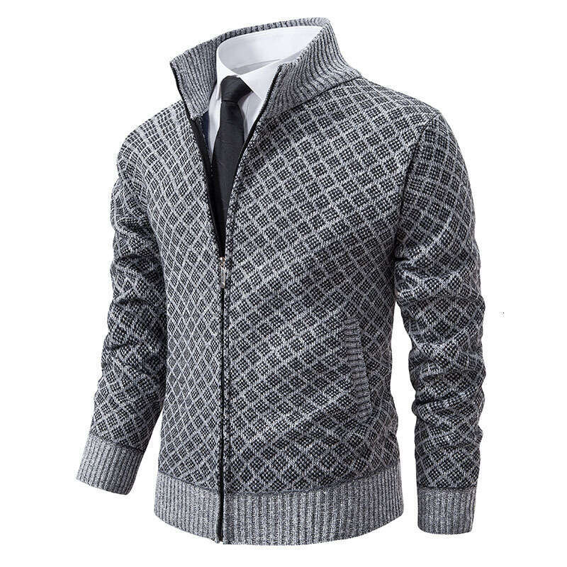 Autumn Winter Fashion Plaid Jacket Coat Men's Trendy Stand Collar Slim Fit Long Sleeve Casual Knitwear B5