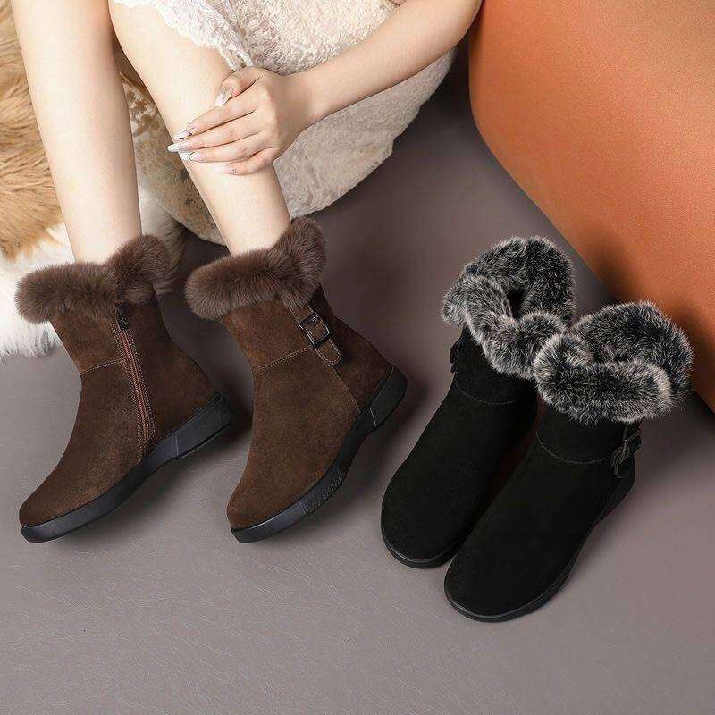 Women's Winter Plush New Flat Bottom Rabbit Fur Thick Snow Boots
