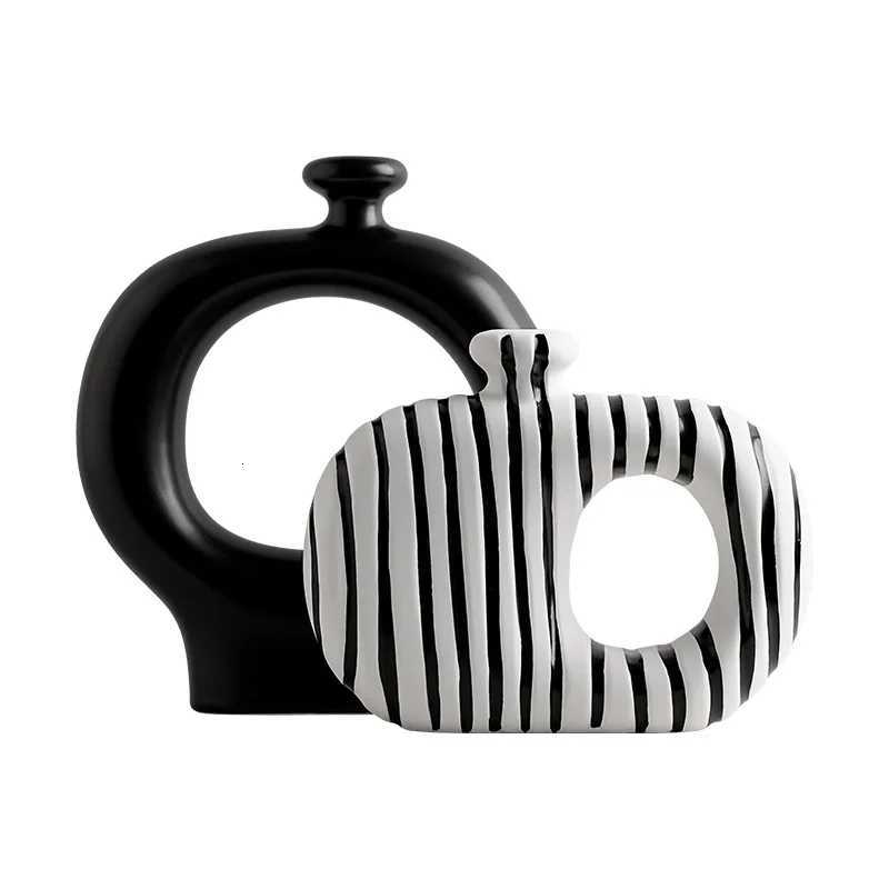 Beihanmei Creative Retro Black White Striped Ceramic Vase for Flower Arrangement Living Room Decor C251017