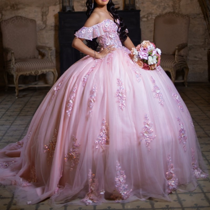 Pink Shiny Quinceanera Dresses Off The Shoulder Applique Lace Beading Crystal Tull Party Birthday Sweet 16 Dres Vestidos 15 De Anos