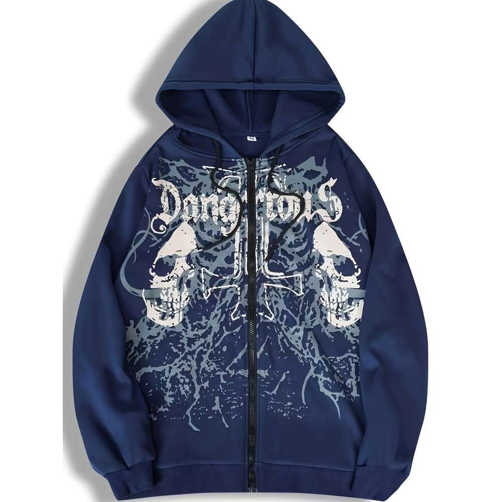 Women's Sweatshirt Dark Green Graphic Hooded Sweatshirt | Women's Casual, Skull & Crossbones Print, Zipper Front, Hine Washable, All-Season 