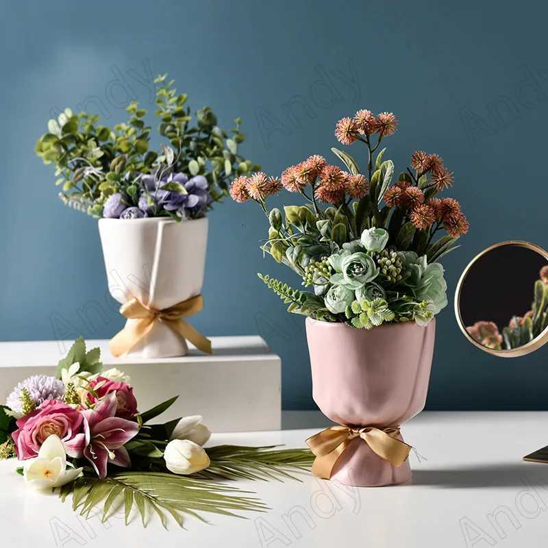 European Ceramic Vase Creative Bouquet Bow Decorative Living Room Desktop Flower Vases Modern Art Home Decoration Ornament C251017