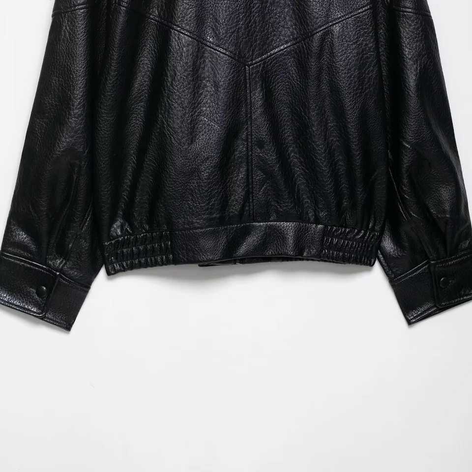 womens faux leather loose top stand collar long sleeved zipper pocket button elastic bottom edge autumn and winter new faT251017