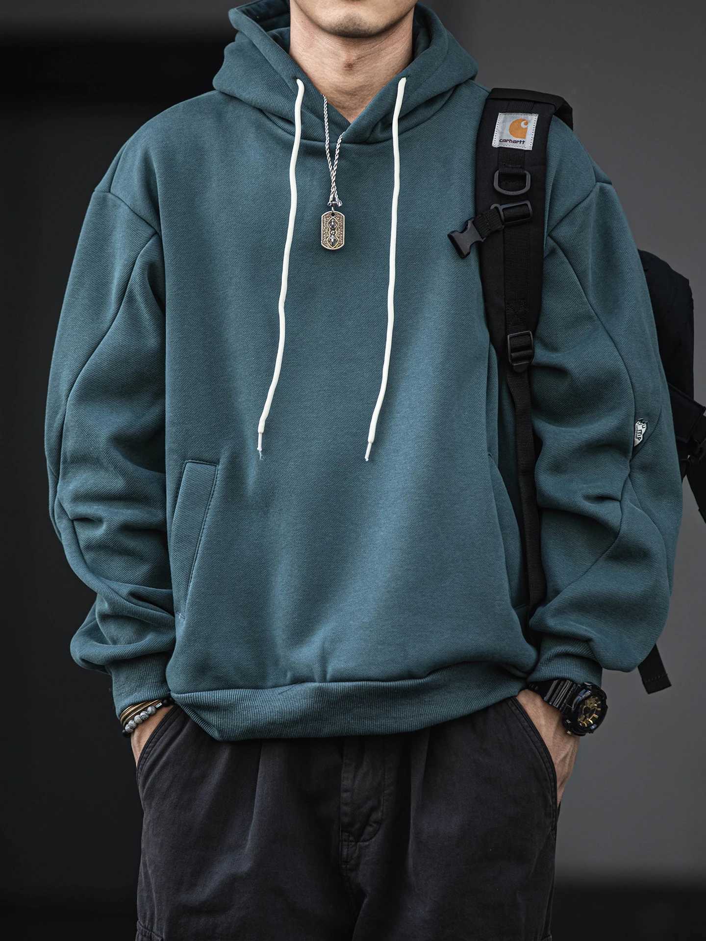 Mens Fall Winter Fleece Hoodie Korean Streetwear Heavyweight Trendy Pullover Sweatshirt Minimalist Solid Color Thermal Insulated Z251017