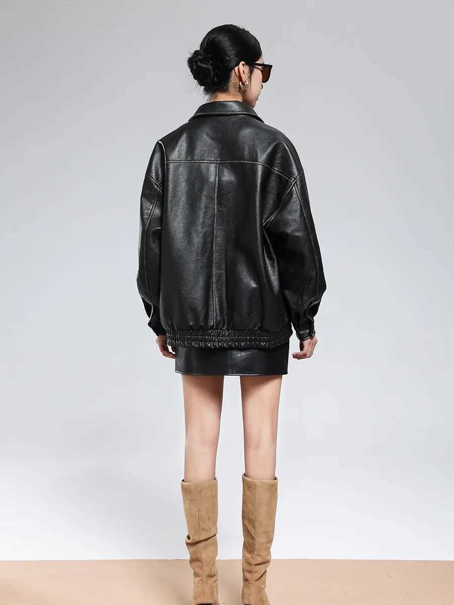 Nerazzurri Autumn Cool Oversized Vintage Distressed Brown Pu Leather Jacket Women Zipper Loose Retro American Retro Clothes 2025T251017