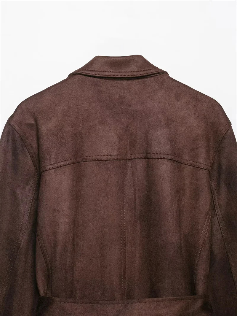 Womens Jacket Fall 2025 Russet Long Sleeve Suede Effect with Belt Jacket Casual Fashion Personality Versatile 251013