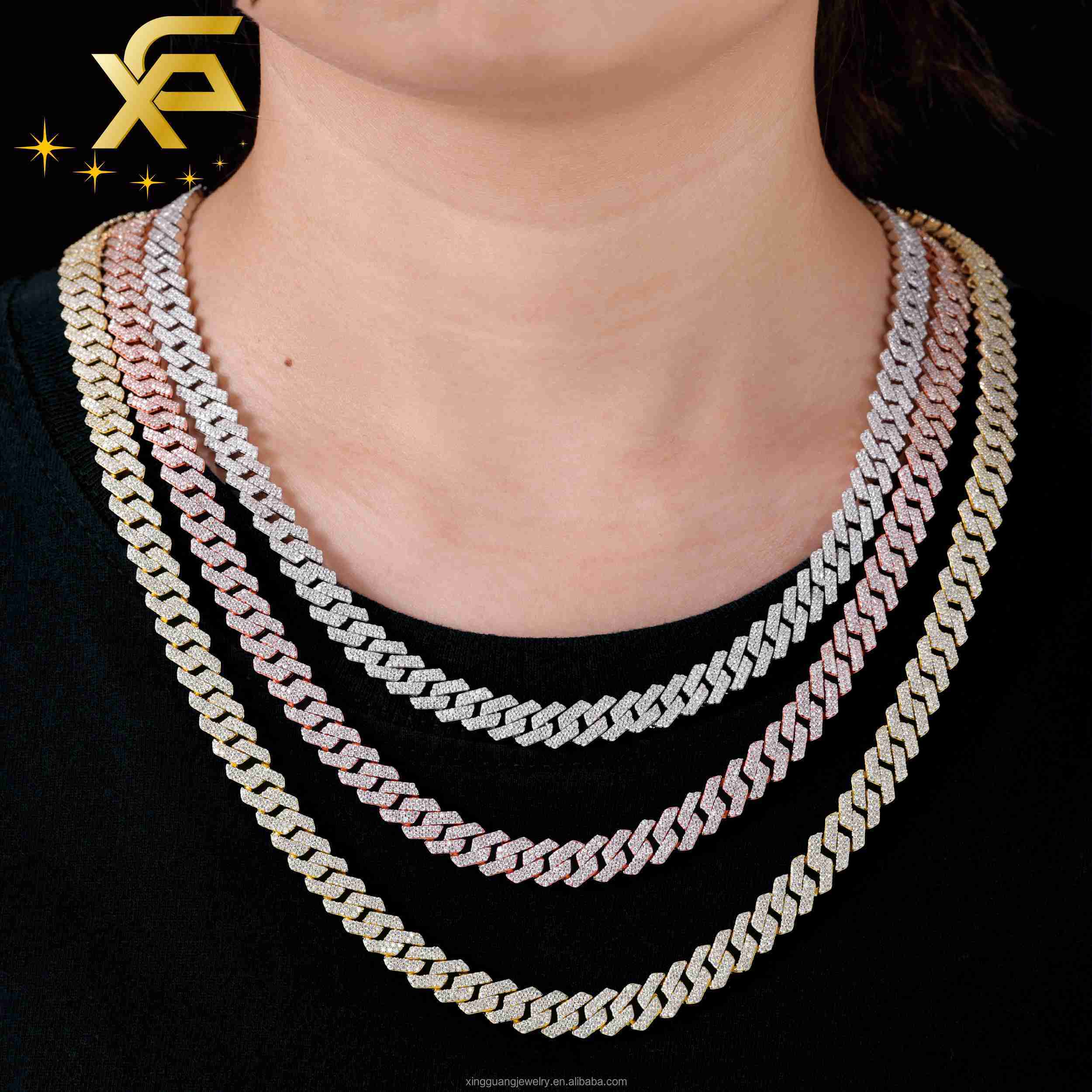 8mm Wide Mens 925 Silver with 2rows Diamond Moissanite Diamond Cuban Lidynamic Chain for Hiphop Fashion Necklace