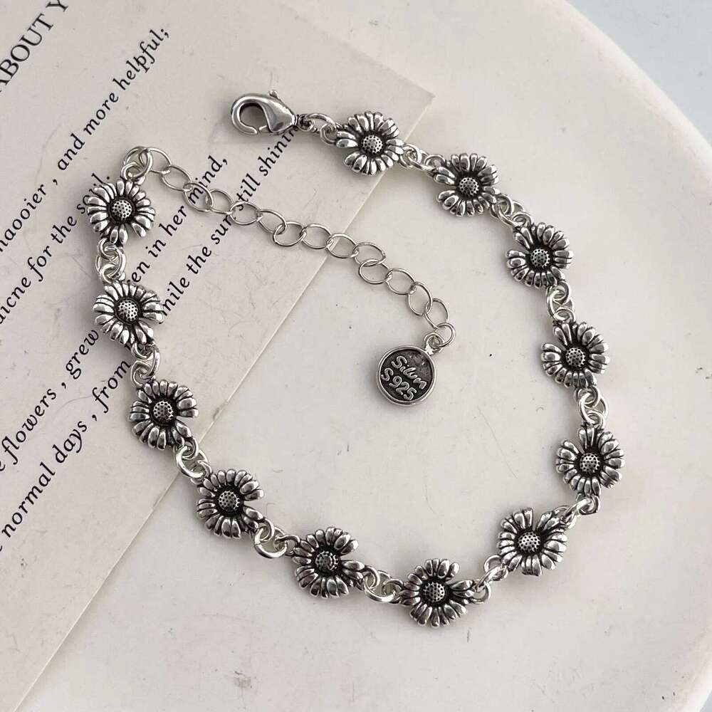 100% Solid Sterling Sier Retro For Women Men Vintage Flower Handmade Patern Bracelet Birthday Gift