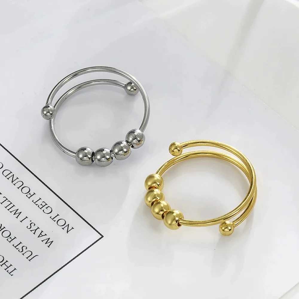 New Anxiety Balls Beads Rings for Women Open Spinner Adjustable Finger Ring Stainless Steel Rotating Freely Anti Stress GiftW251017