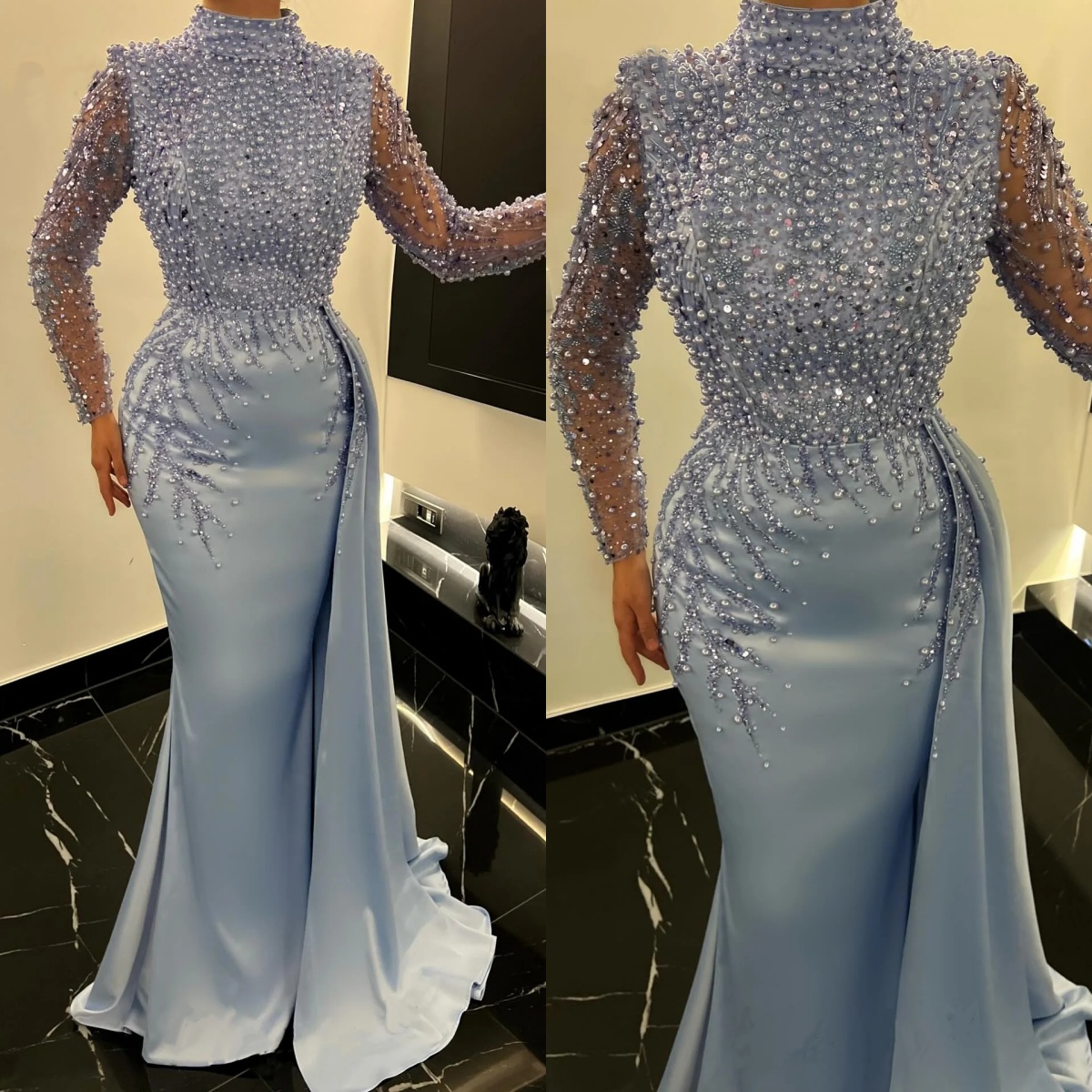 Fashion Mermaid Evening Dresses Sequins Pearls Prom Dress Detachable Train High Neck Long Sleeves Party Dress Customized Vestidos de noche Plus Size