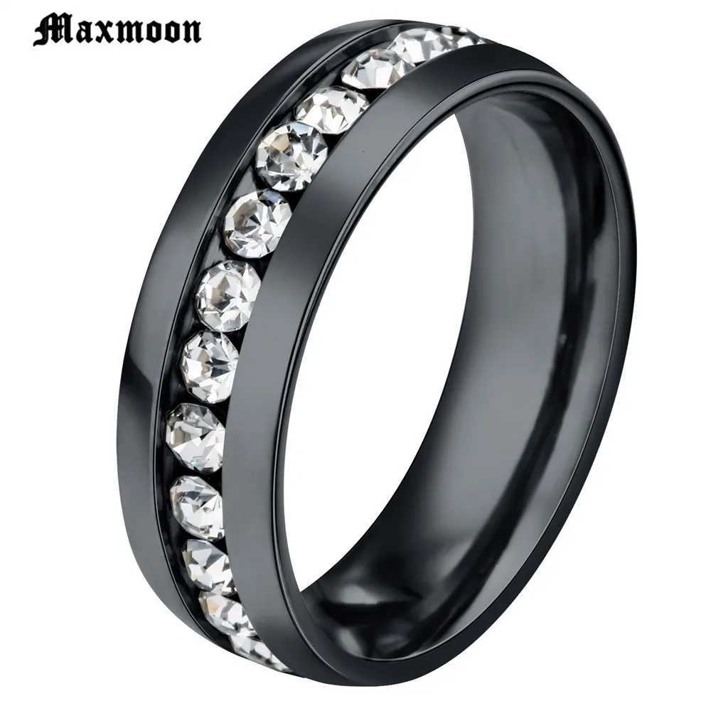 Maxmoon 6mm Oblique Zircon Carving 316L Stainless Steel finger Engagement Wedding rings for women and menW251017