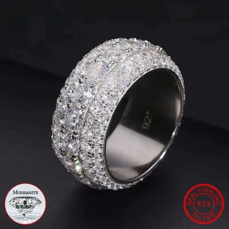 VVS 5-Row Silica Dia Iced Solid Sier Hip Hop Ring Passes Gra Certificate Test