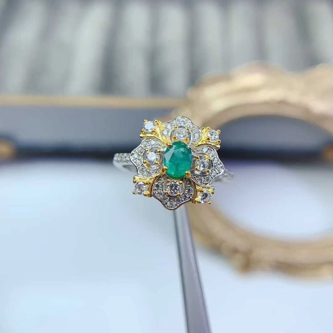 Antique look 925 silver ring natural emerald ring with certificate 4mm*6mm Colombia emerald jewelry with 18K gold plating