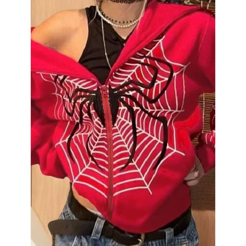 Y2k Long Sleeve Spider Web Print Zip-Up Hoodie, Women's Clothing Spider web print loose zip Y2K casual women's hooded cardigan