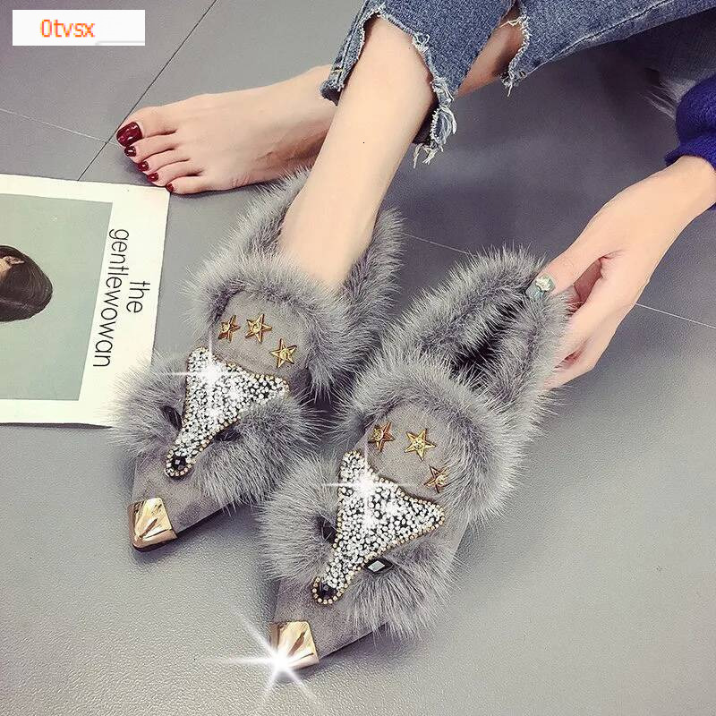 Crystal Fox Head Personalized Design Boots Autumn and Winter New Fashion Metal Pointed Fluffy Plush High Heels Women's High Heels Designer Shoes