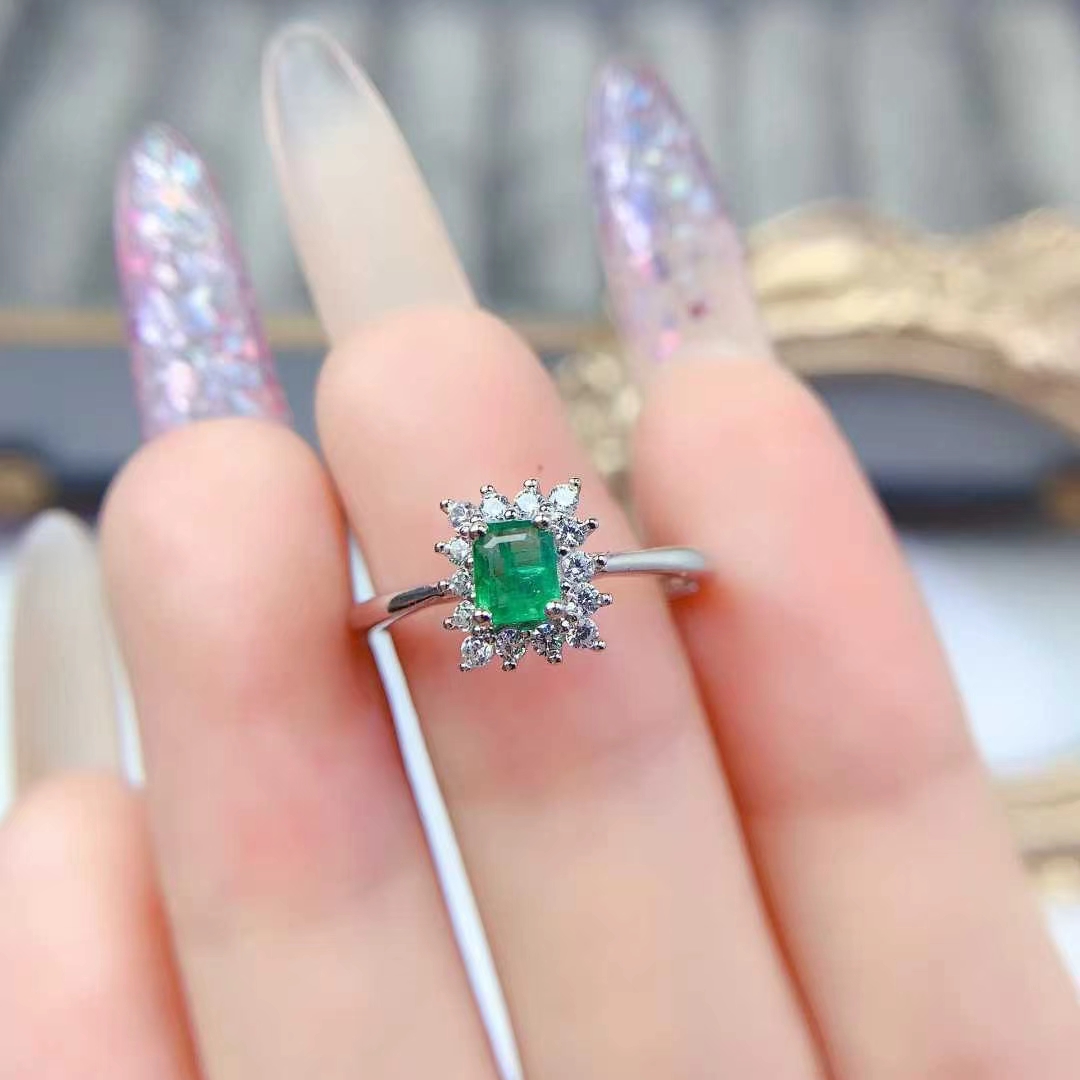 925 silver emerald jewelry real sterling silver gemstone ring 3mm*4mm natural emerald jewelry with certificate