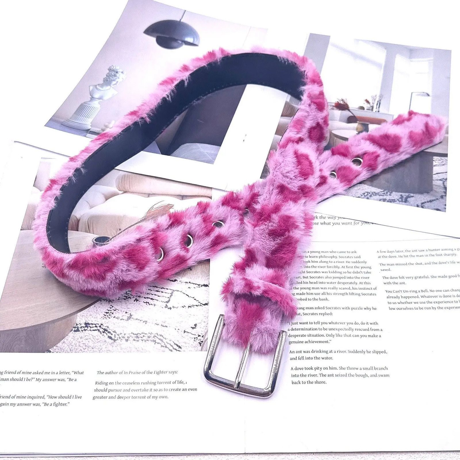 Original Y2K n leopard print belt for trendy girls subculture plush accessory Rustic fur hat Retro leather belt 251010