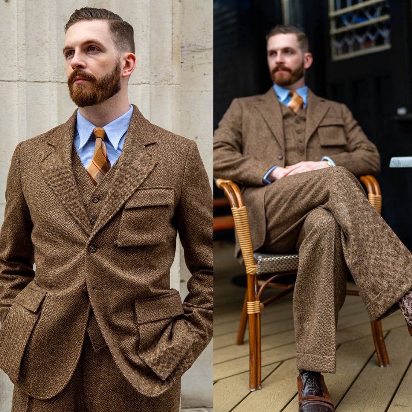 Brown Herringbone Men Tuxedos 2 Pieces Notched Lapel Tweed Mens Party Pants Sets Plus Size Formal Wear Custom Made Coat