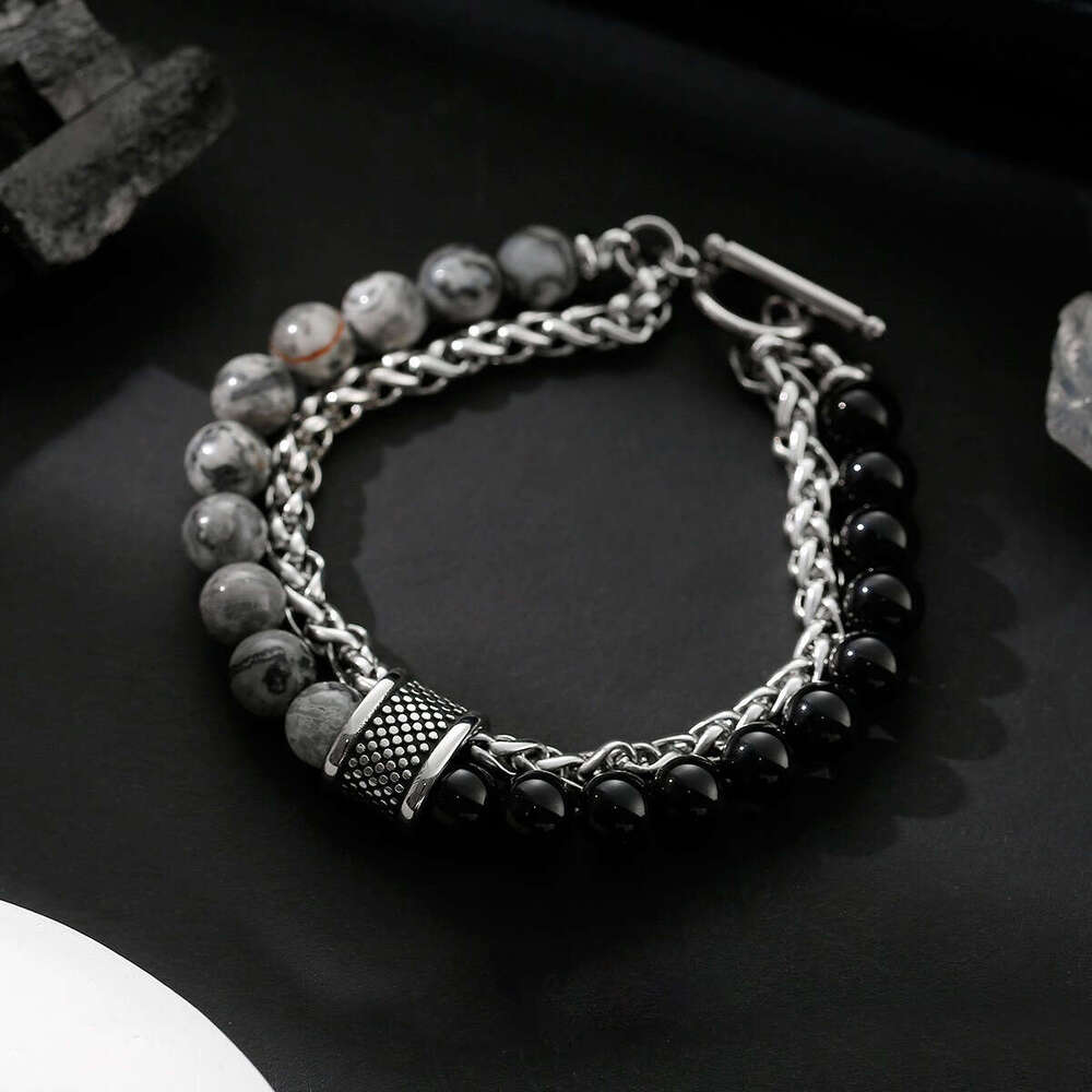 New Matte Map Stone for Men Double Layer Beaded OT Buckle Lucky Bead Titanium Steel Versatile Bracelet Jewelry Trend