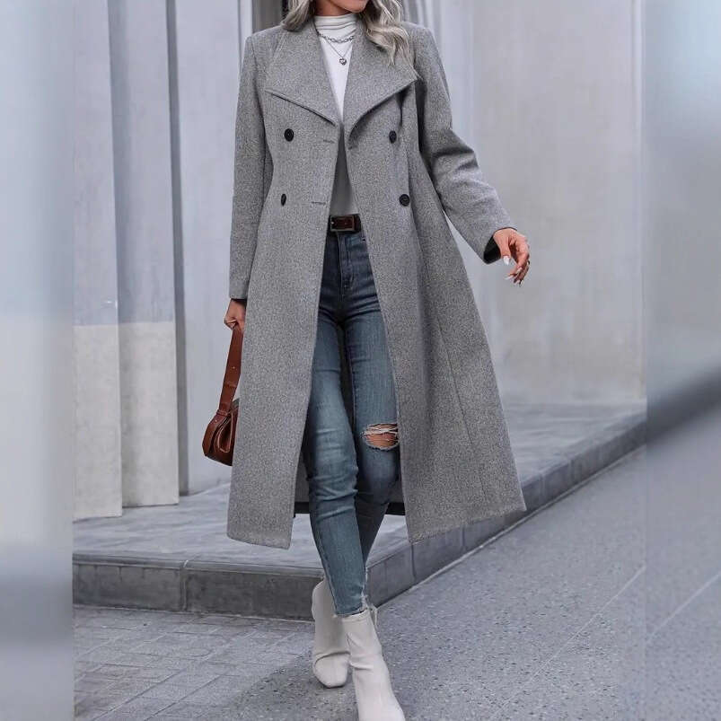 Women's Autumn Winter Woolen Coat Fashion Casual Turn-Down Collar Double-Breasted Windproof Long Slim-Fit Jacket For Women B5